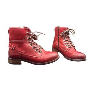 Taos Ringer Red Leather Lace Up Ankle Boots Faux Fur Lined Women’s 7–7.5 EU 38